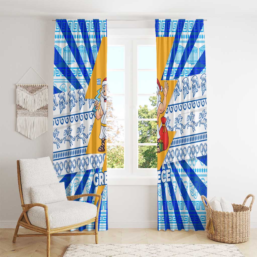 Greece Christmas Window Curtain with Zeus Santa Greek Flag Lightning Bolt Gift Bag and Blue Yellow Pattern Design - Wonder Print Shop