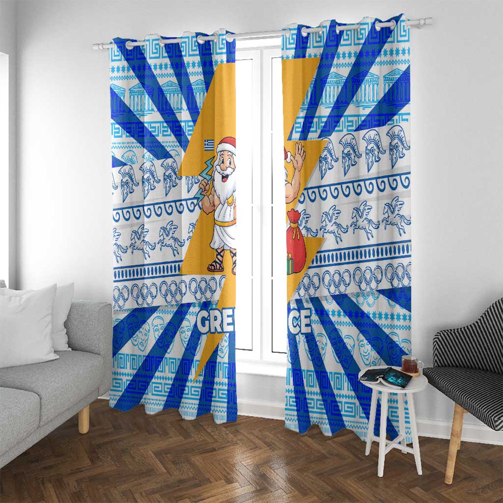 Greece Christmas Window Curtain with Zeus Santa Greek Flag Lightning Bolt Gift Bag and Blue Yellow Pattern Design - Wonder Print Shop