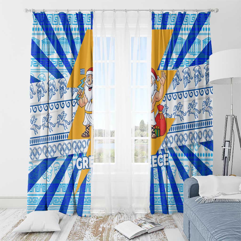 Greece Christmas Window Curtain with Zeus Santa Greek Flag Lightning Bolt Gift Bag and Blue Yellow Pattern Design - Wonder Print Shop