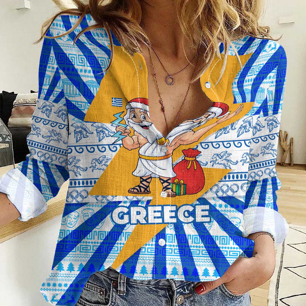 Greece Christmas Women Casual Shirt with Zeus Santa Greek Flag Lightning Bolt Gift Bag and Blue Yellow Pattern Design - Wonder Print Shop