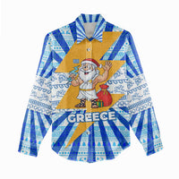 Greece Christmas Women Casual Shirt with Zeus Santa Greek Flag Lightning Bolt Gift Bag and Blue Yellow Pattern Design - Wonder Print Shop