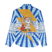 Greece Christmas Women Casual Shirt with Zeus Santa Greek Flag Lightning Bolt Gift Bag and Blue Yellow Pattern Design - Wonder Print Shop