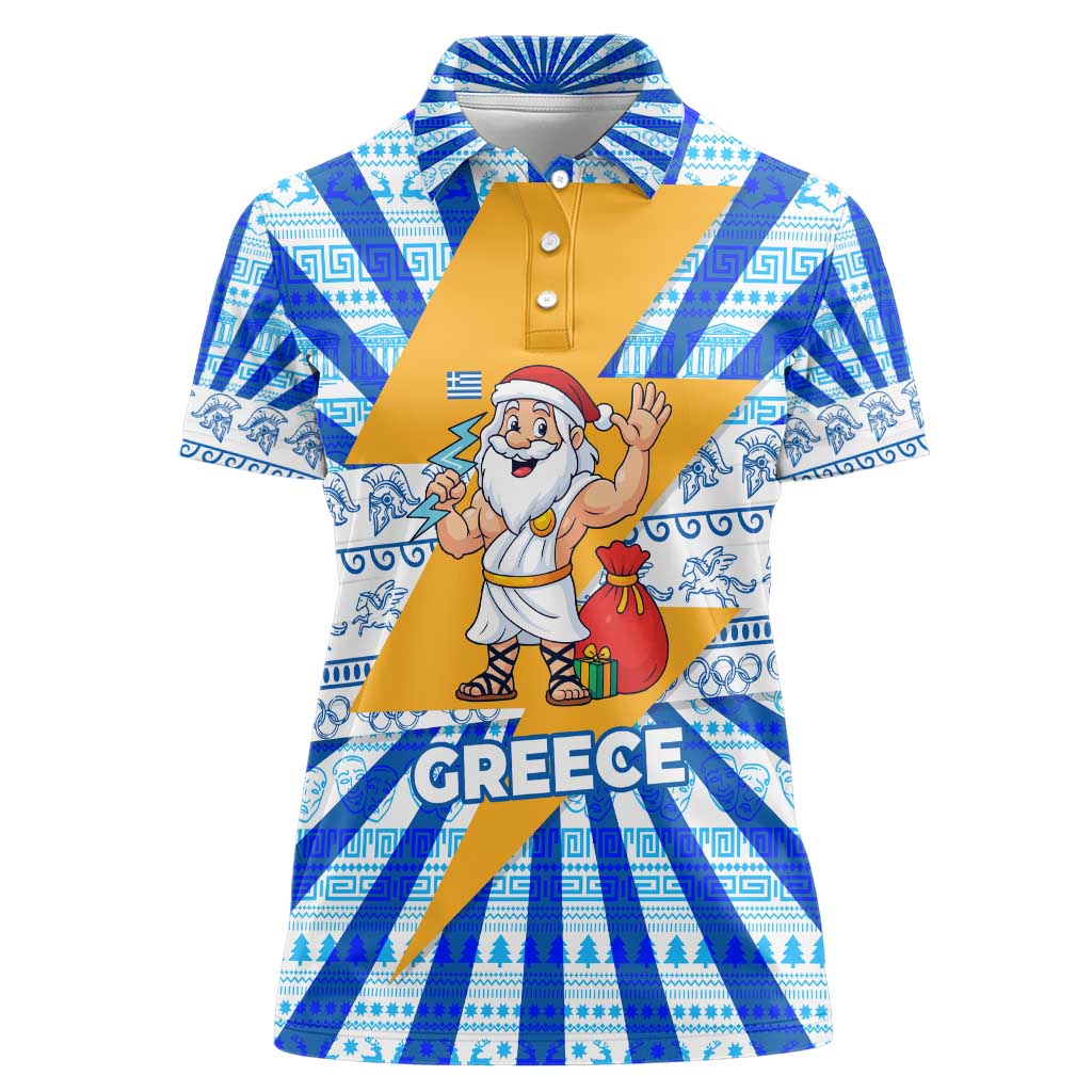 Greece Christmas Women Polo Shirt with Zeus Santa Greek Flag Lightning Bolt Gift Bag and Blue Yellow Pattern Design - Wonder Print Shop