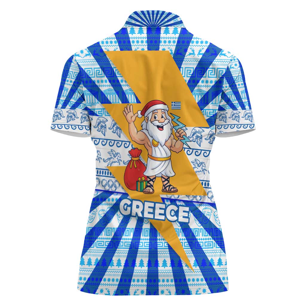 Greece Christmas Women Polo Shirt with Zeus Santa Greek Flag Lightning Bolt Gift Bag and Blue Yellow Pattern Design - Wonder Print Shop