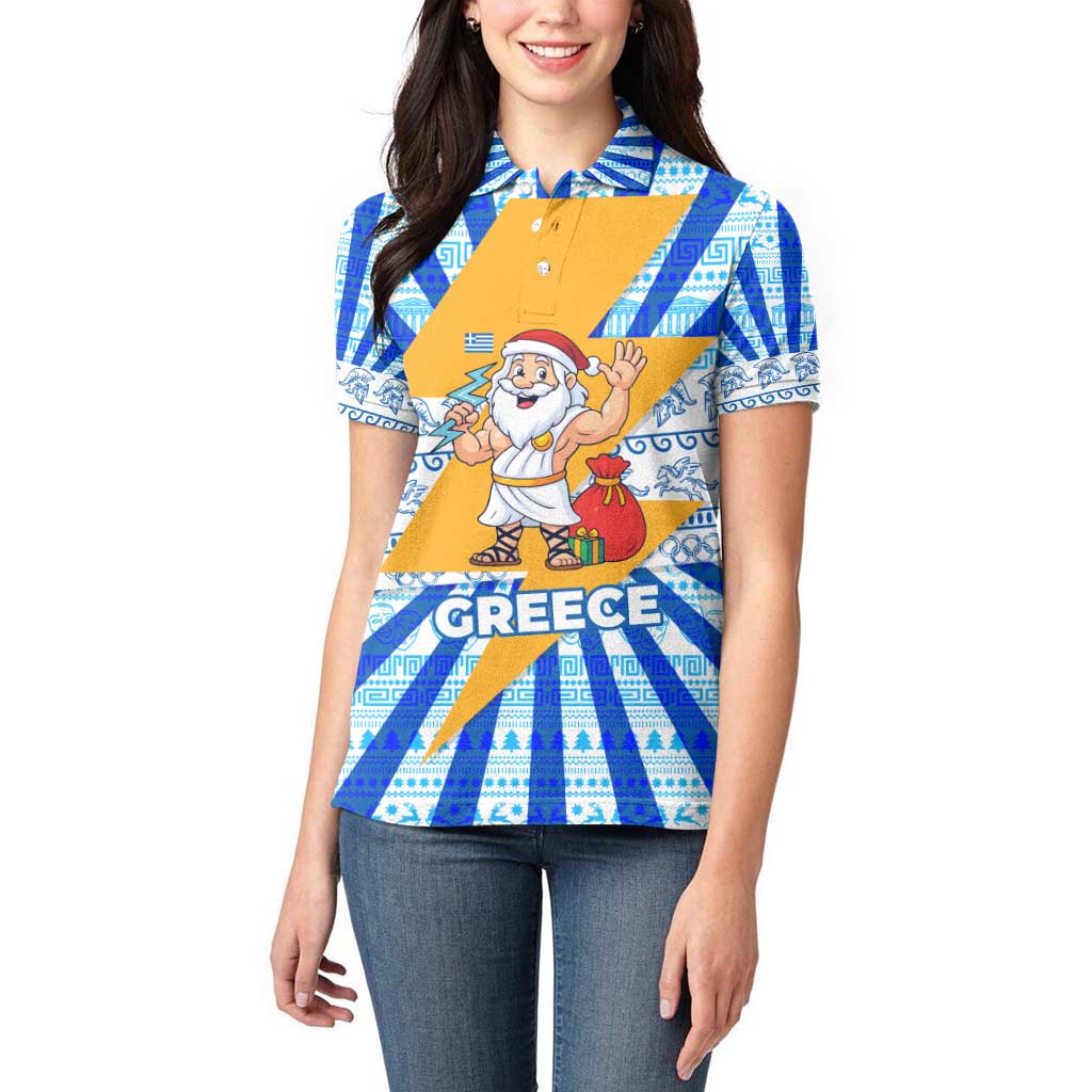 Greece Christmas Women Polo Shirt with Zeus Santa Greek Flag Lightning Bolt Gift Bag and Blue Yellow Pattern Design - Wonder Print Shop