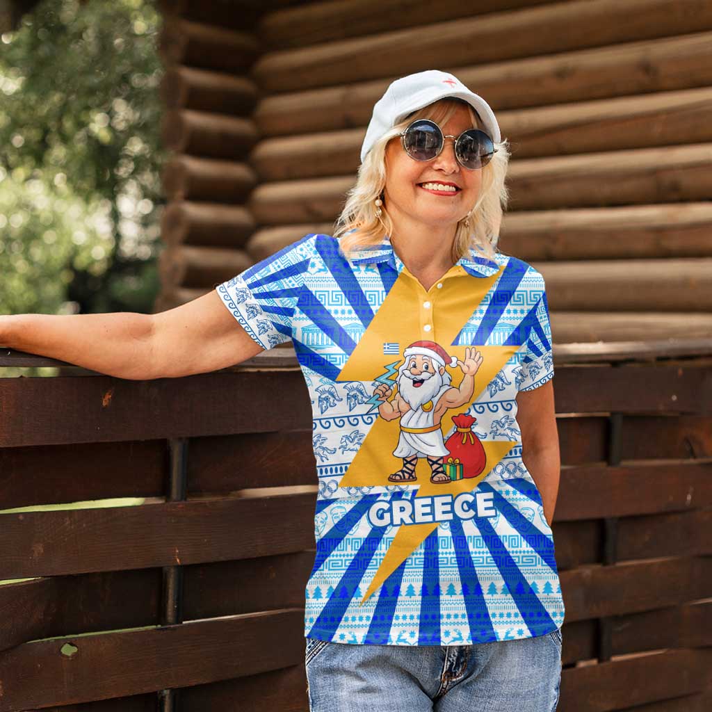Greece Christmas Women Polo Shirt with Zeus Santa Greek Flag Lightning Bolt Gift Bag and Blue Yellow Pattern Design - Wonder Print Shop