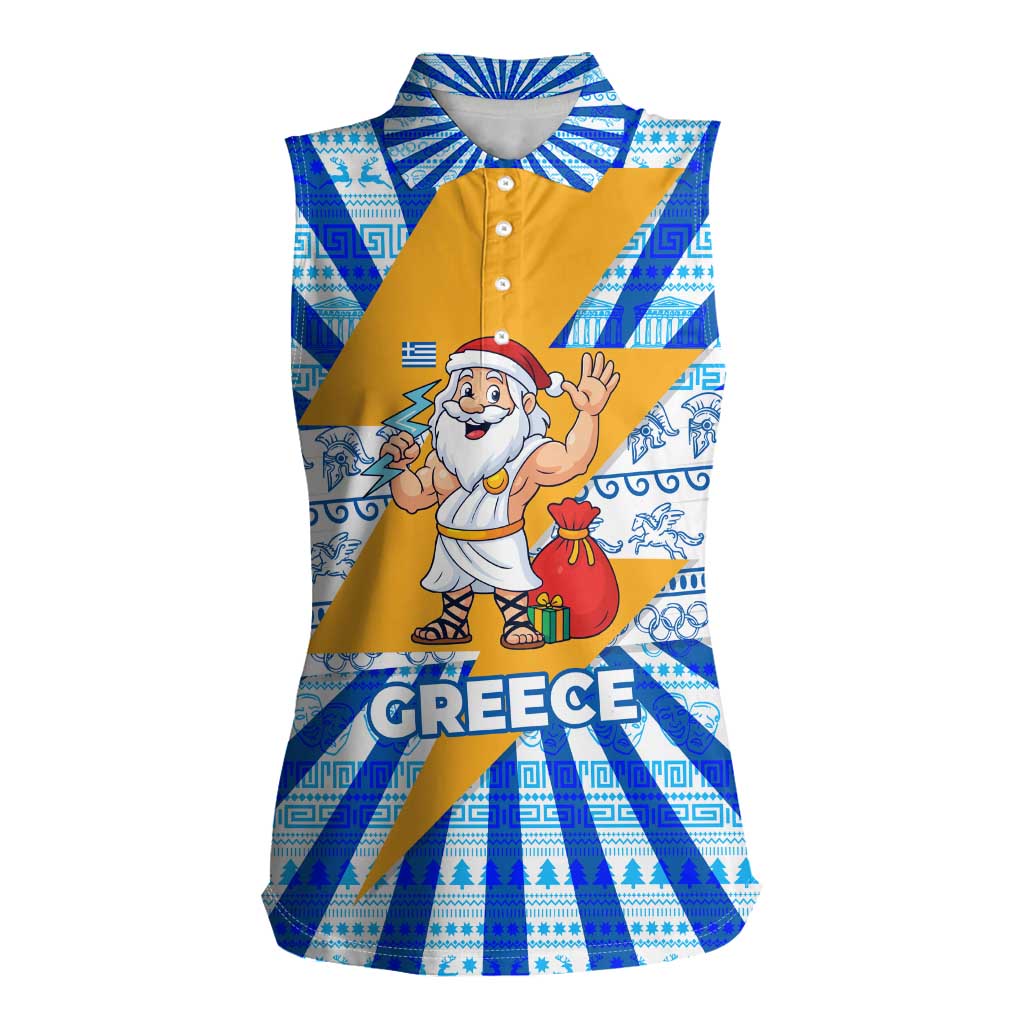 Greece Christmas Women Sleeveless Polo Shirt with Zeus Santa Greek Flag Lightning Bolt Gift Bag and Blue Yellow Pattern Design - Wonder Print Shop