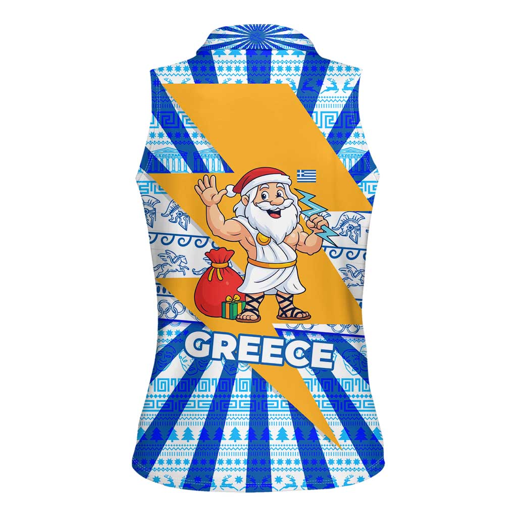 Greece Christmas Women Sleeveless Polo Shirt with Zeus Santa Greek Flag Lightning Bolt Gift Bag and Blue Yellow Pattern Design - Wonder Print Shop