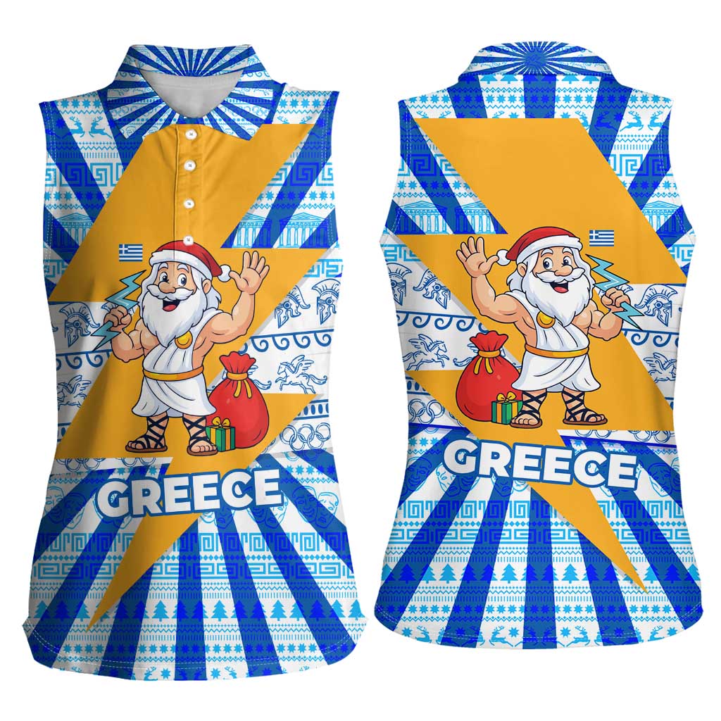 Greece Christmas Women Sleeveless Polo Shirt with Zeus Santa Greek Flag Lightning Bolt Gift Bag and Blue Yellow Pattern Design - Wonder Print Shop
