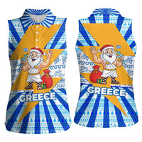 Greece Christmas Women Sleeveless Polo Shirt with Zeus Santa Greek Flag Lightning Bolt Gift Bag and Blue Yellow Pattern Design - Wonder Print Shop