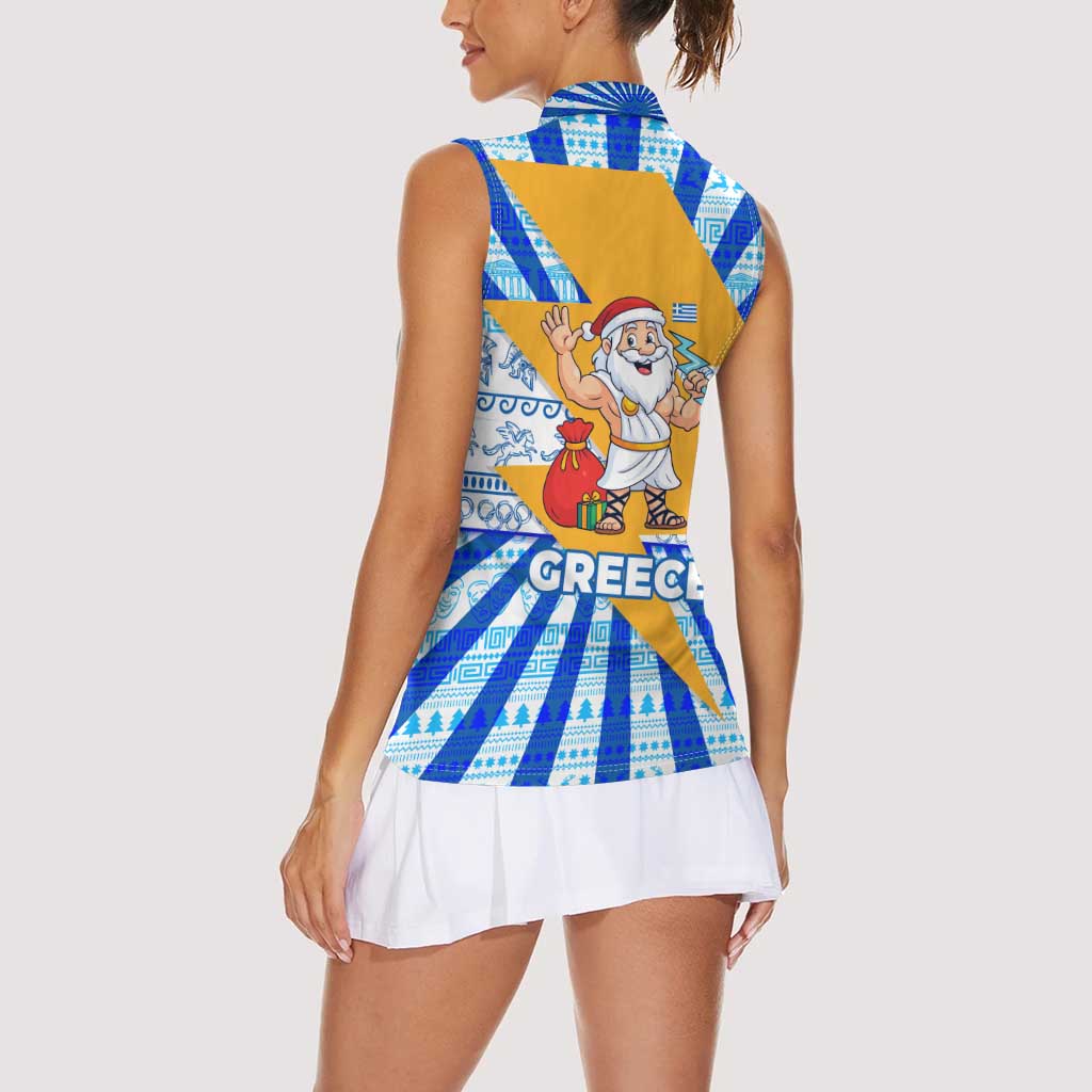 Greece Christmas Women Sleeveless Polo Shirt with Zeus Santa Greek Flag Lightning Bolt Gift Bag and Blue Yellow Pattern Design - Wonder Print Shop
