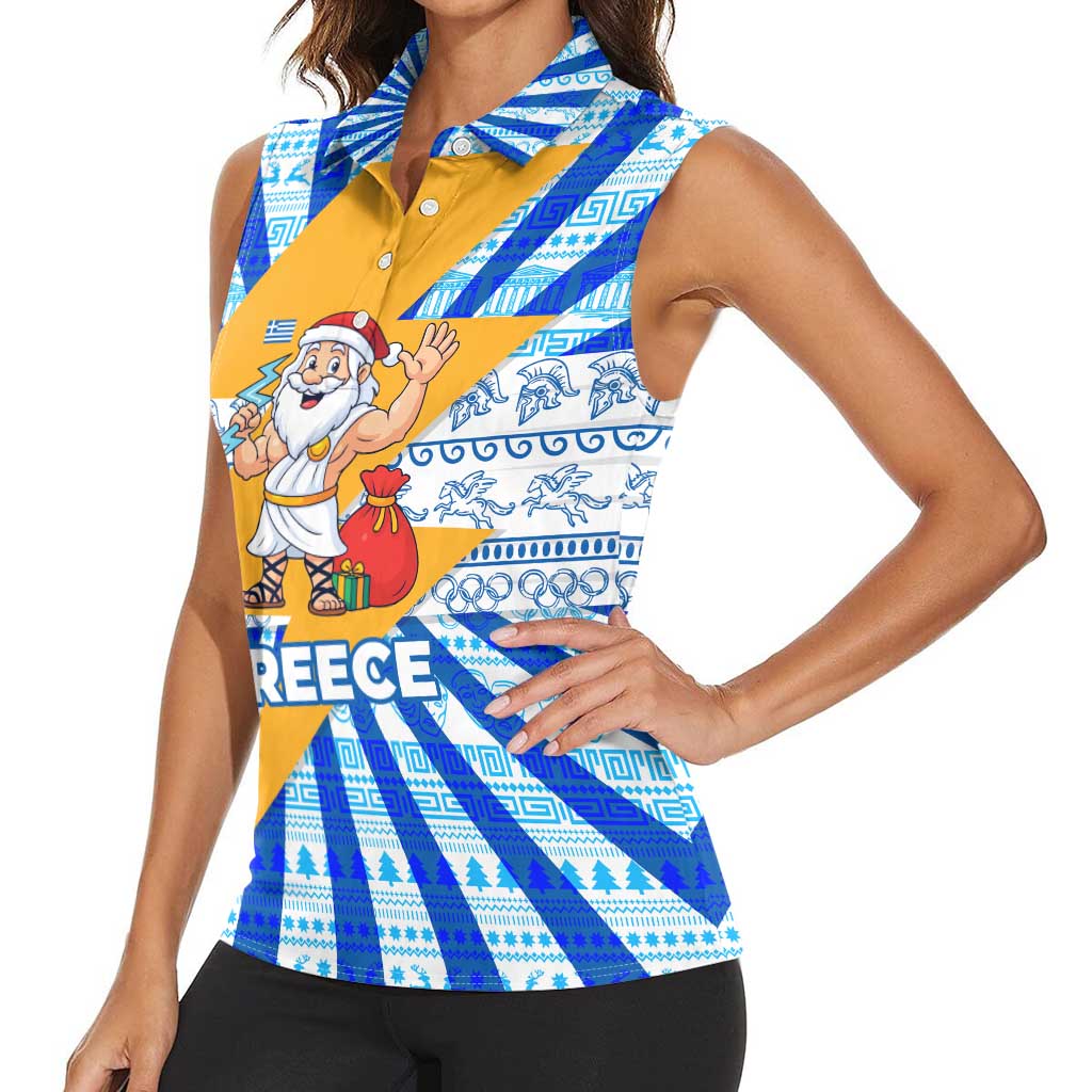 Greece Christmas Women Sleeveless Polo Shirt with Zeus Santa Greek Flag Lightning Bolt Gift Bag and Blue Yellow Pattern Design - Wonder Print Shop