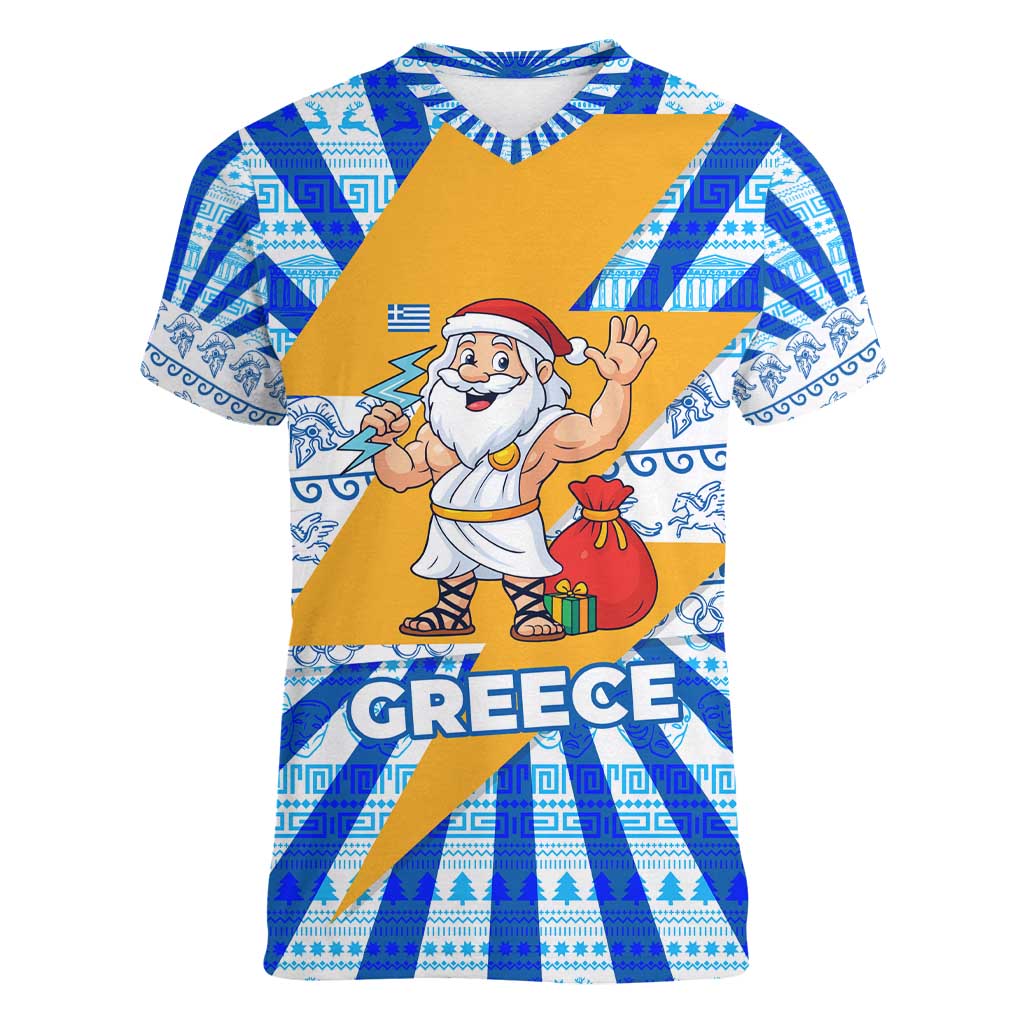 Greece Christmas Women V-Neck T-Shirt with Zeus Santa Greek Flag Lightning Bolt Gift Bag and Blue Yellow Pattern Design - Wonder Print Shop