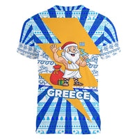 Greece Christmas Women V-Neck T-Shirt with Zeus Santa Greek Flag Lightning Bolt Gift Bag and Blue Yellow Pattern Design - Wonder Print Shop