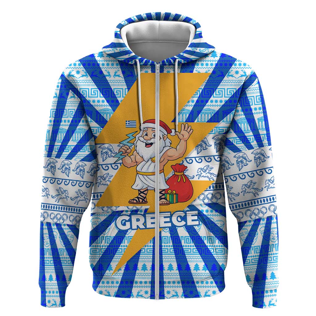 Greece Christmas Zip Hoodie with Zeus Santa Greek Flag Lightning Bolt Gift Bag and Blue Yellow Pattern Design - Wonder Print Shop