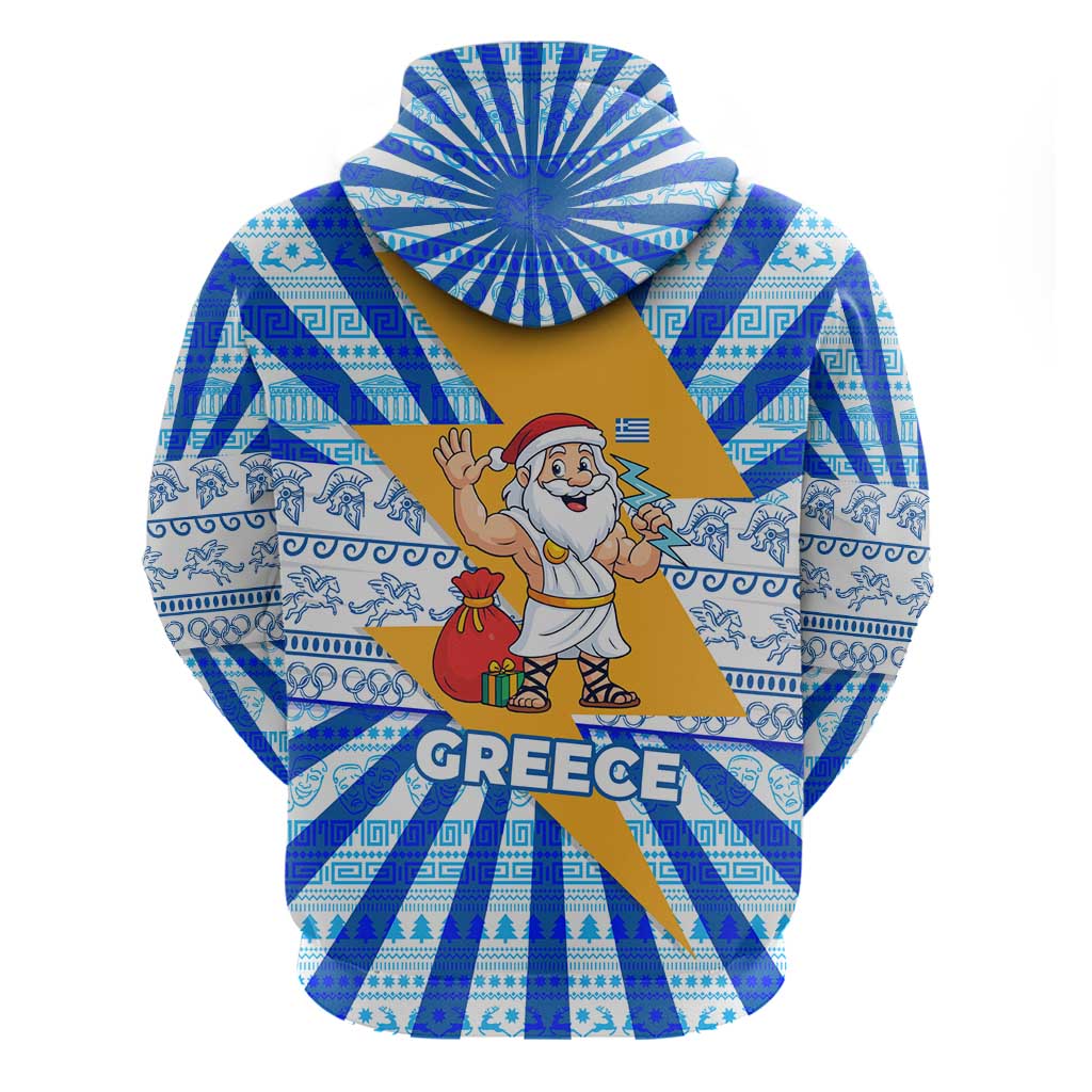 Greece Christmas Zip Hoodie with Zeus Santa Greek Flag Lightning Bolt Gift Bag and Blue Yellow Pattern Design - Wonder Print Shop