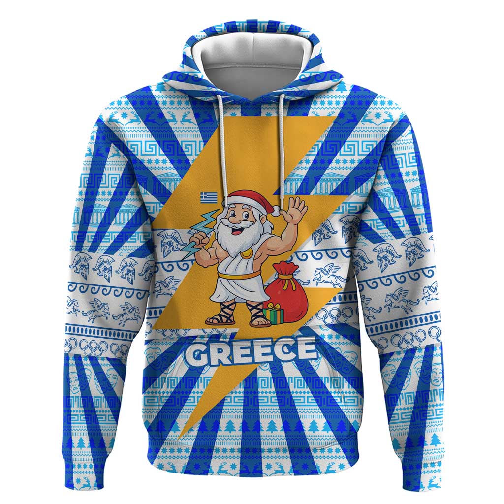 Greece Christmas Zip Hoodie with Zeus Santa Greek Flag Lightning Bolt Gift Bag and Blue Yellow Pattern Design - Wonder Print Shop