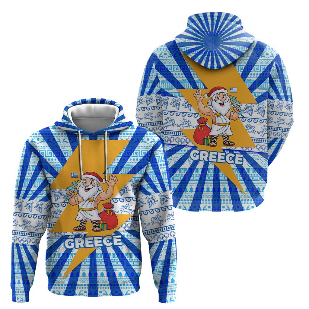 Greece Christmas Zip Hoodie with Zeus Santa Greek Flag Lightning Bolt Gift Bag and Blue Yellow Pattern Design - Wonder Print Shop