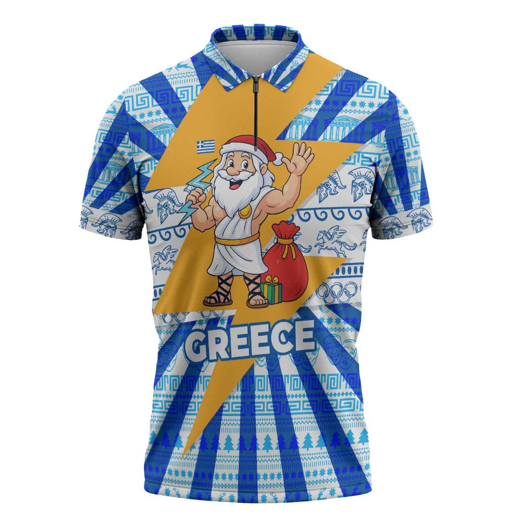 Greece Christmas Zipper Polo Shirt with Zeus Santa Greek Flag Lightning Bolt Gift Bag and Blue Yellow Pattern Design - Wonder Print Shop