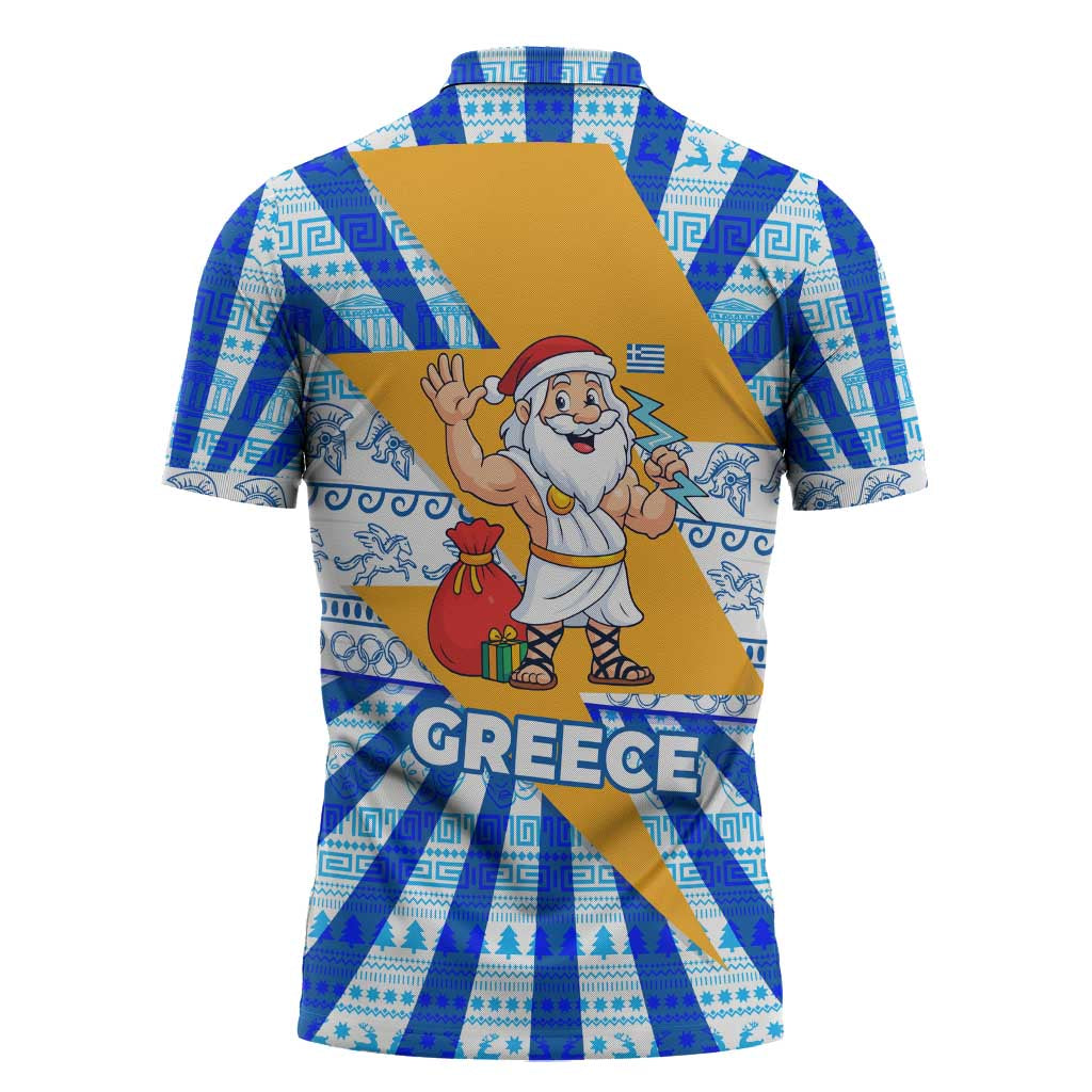 Greece Christmas Zipper Polo Shirt with Zeus Santa Greek Flag Lightning Bolt Gift Bag and Blue Yellow Pattern Design - Wonder Print Shop