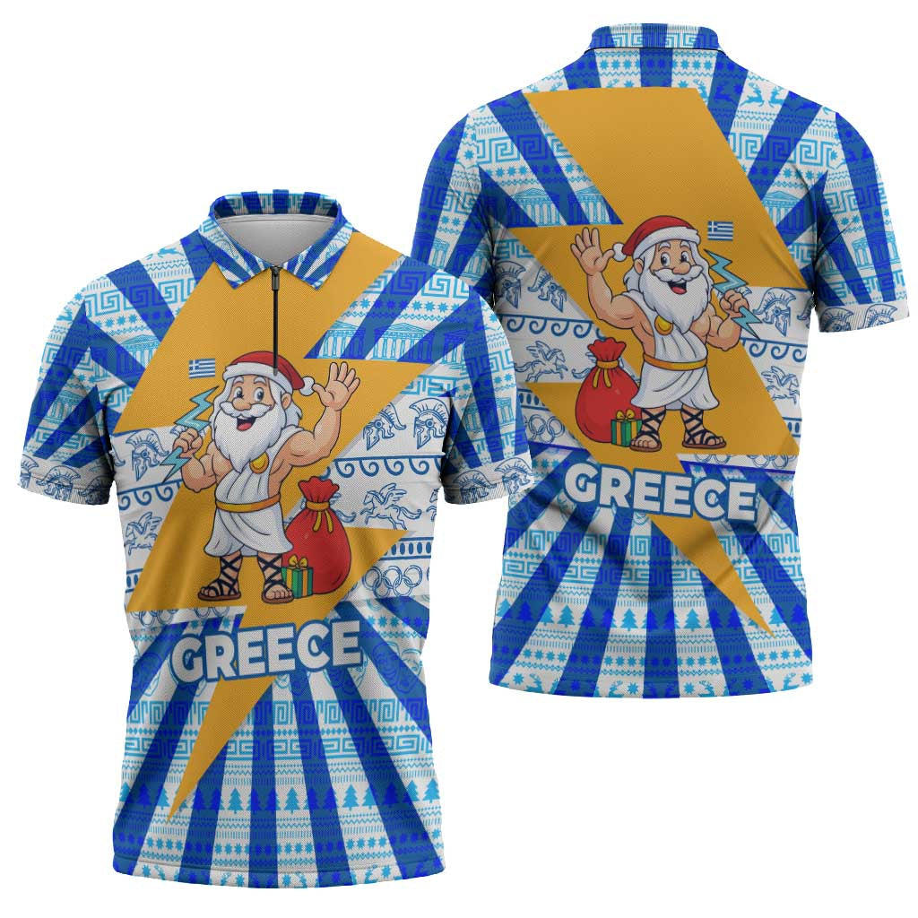 Greece Christmas Zipper Polo Shirt with Zeus Santa Greek Flag Lightning Bolt Gift Bag and Blue Yellow Pattern Design - Wonder Print Shop