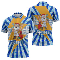 Greece Christmas Zipper Polo Shirt with Zeus Santa Greek Flag Lightning Bolt Gift Bag and Blue Yellow Pattern Design - Wonder Print Shop