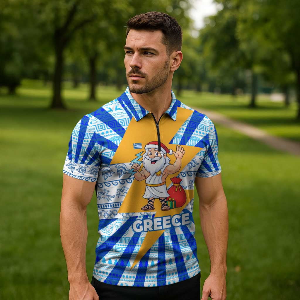 Greece Christmas Zipper Polo Shirt with Zeus Santa Greek Flag Lightning Bolt Gift Bag and Blue Yellow Pattern Design - Wonder Print Shop