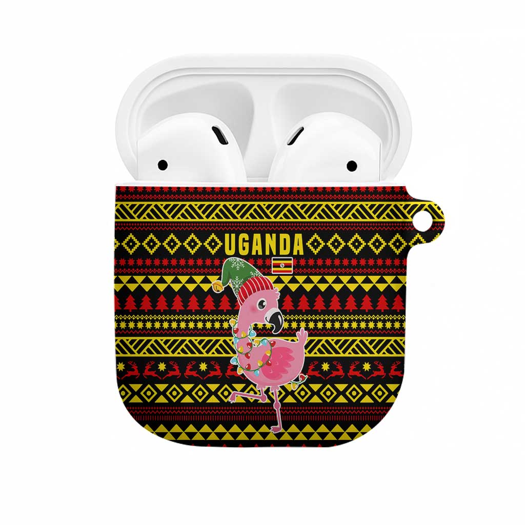 Uganda Christmas AirPods Case with Flamingo Lights Uganda Flag and Black Red Yellow Tribal Pattern Design - Wonder Print Shop