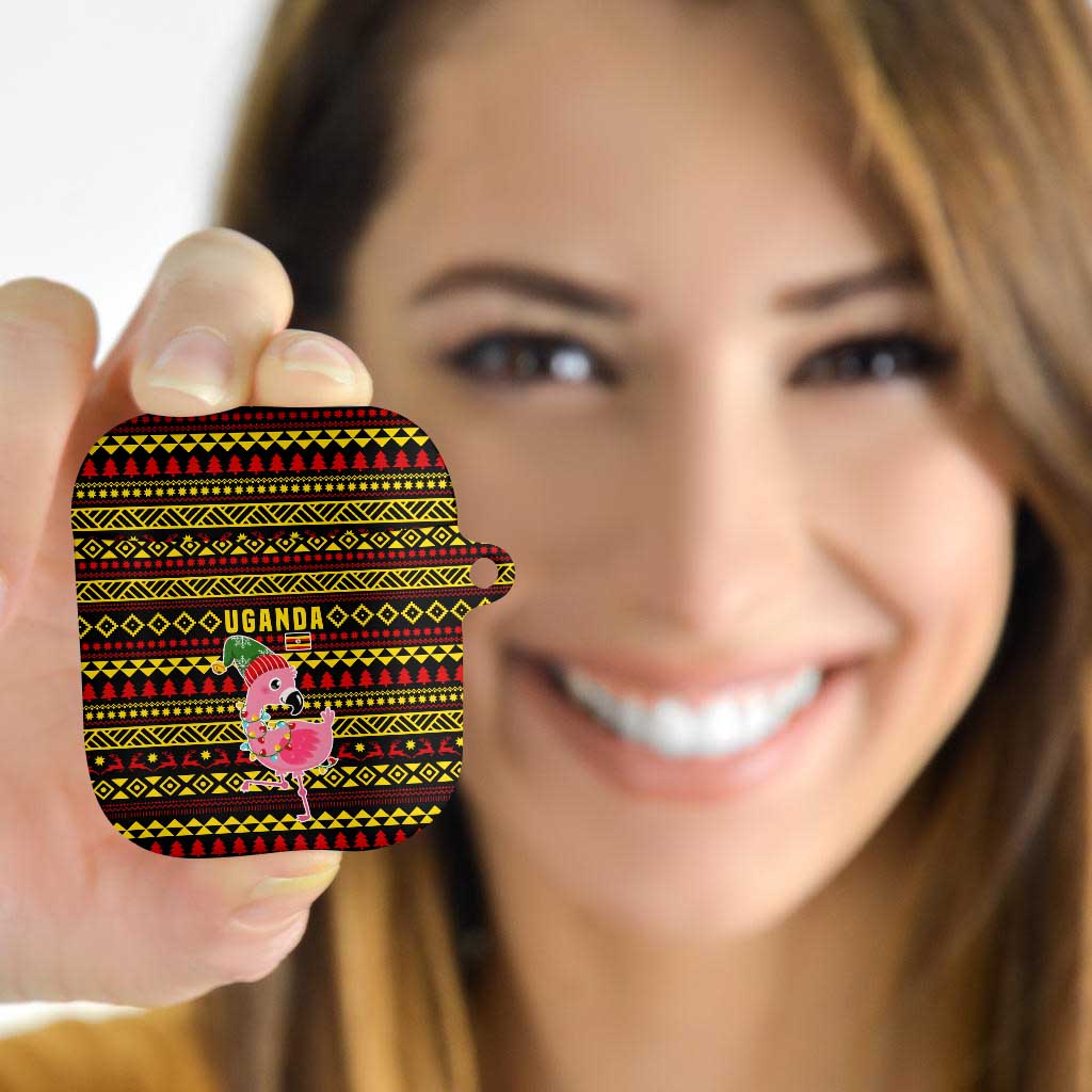 Uganda Christmas AirPods Case with Flamingo Lights Uganda Flag and Black Red Yellow Tribal Pattern Design - Wonder Print Shop