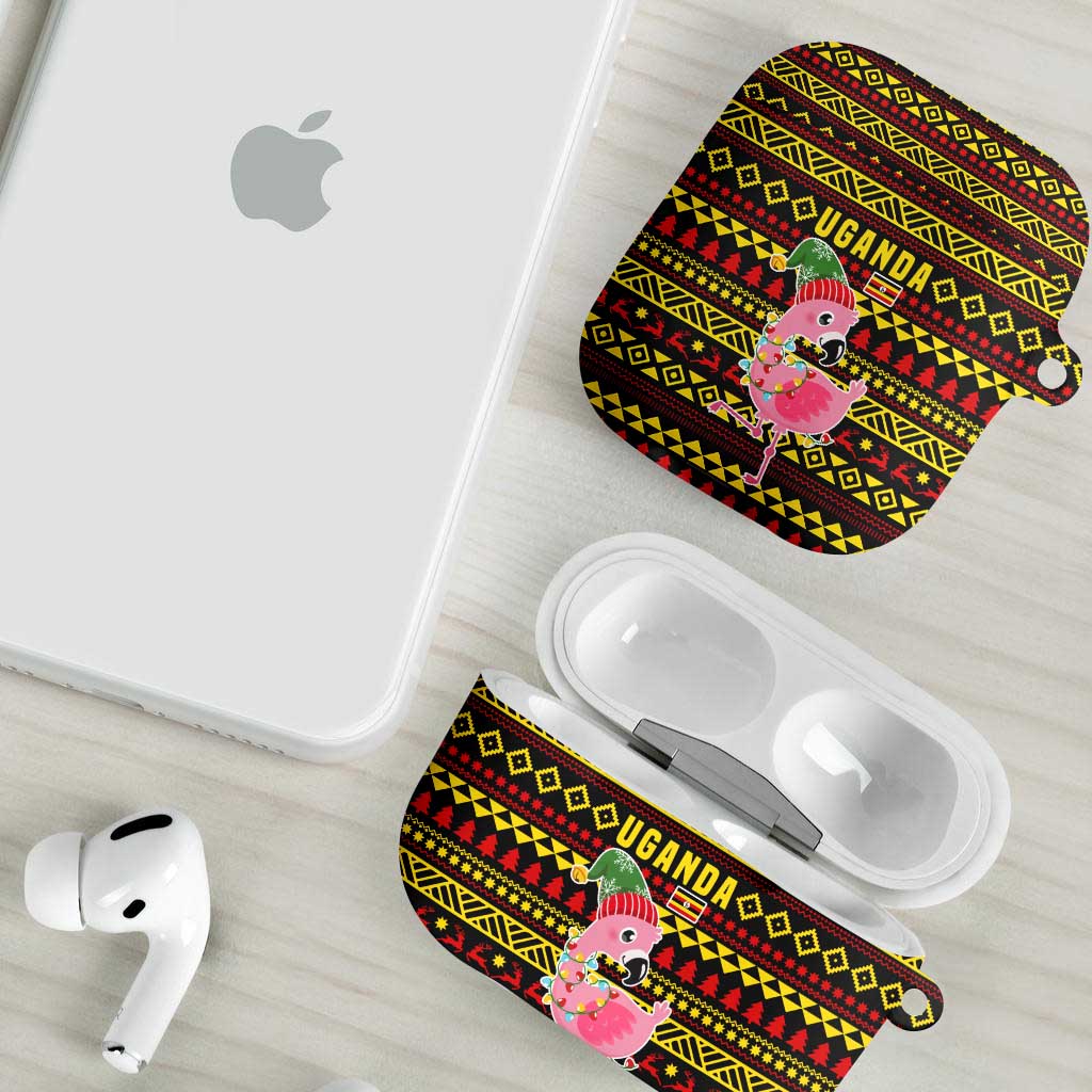Uganda Christmas AirPods Case with Flamingo Lights Uganda Flag and Black Red Yellow Tribal Pattern Design - Wonder Print Shop