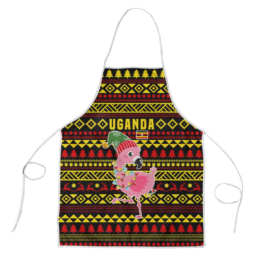 Uganda Christmas Apron with Flamingo Lights Uganda Flag and Black Red Yellow Tribal Pattern Design - Wonder Print Shop