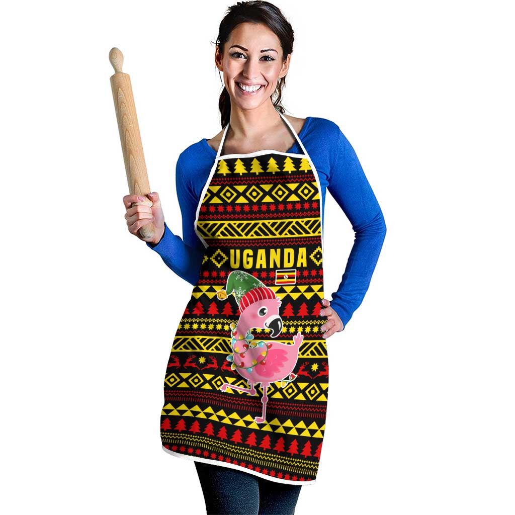 Uganda Christmas Apron with Flamingo Lights Uganda Flag and Black Red Yellow Tribal Pattern Design - Wonder Print Shop