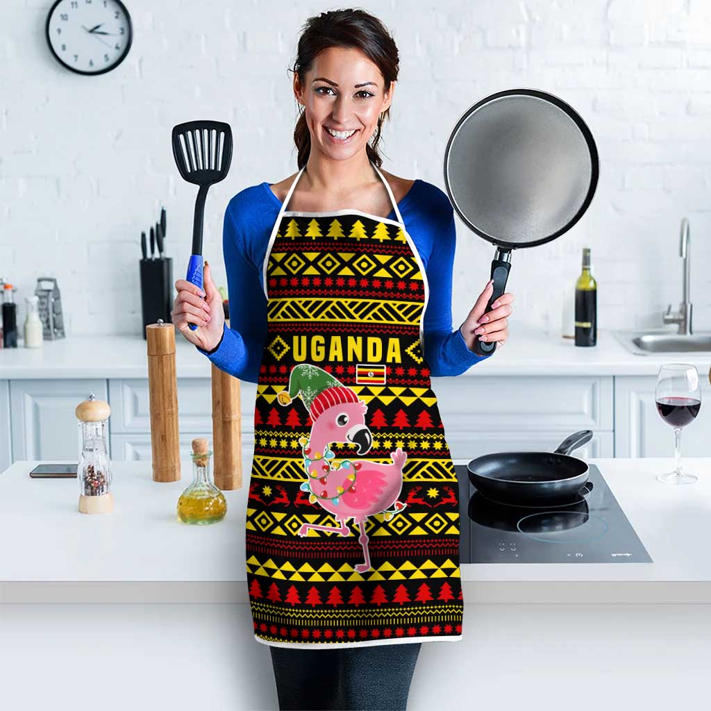 Uganda Christmas Apron with Flamingo Lights Uganda Flag and Black Red Yellow Tribal Pattern Design - Wonder Print Shop