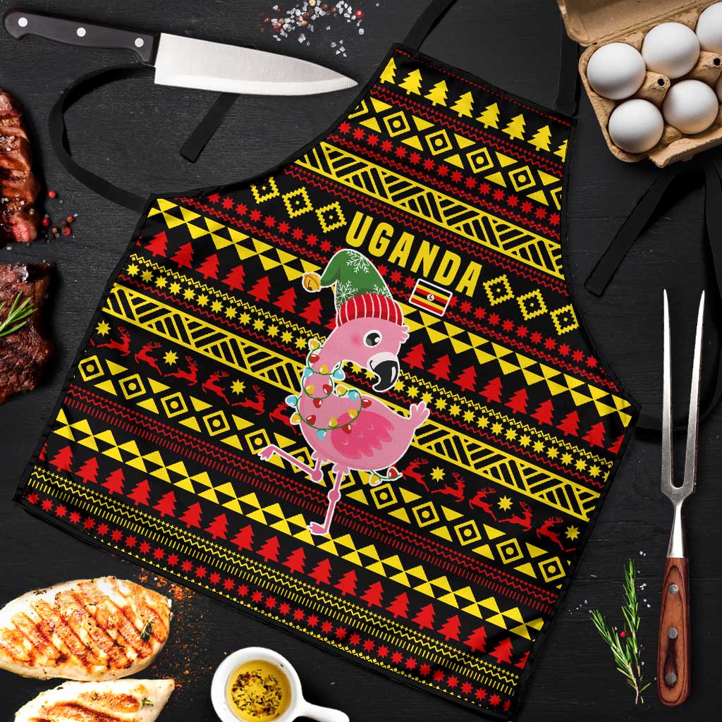 Uganda Christmas Apron with Flamingo Lights Uganda Flag and Black Red Yellow Tribal Pattern Design - Wonder Print Shop