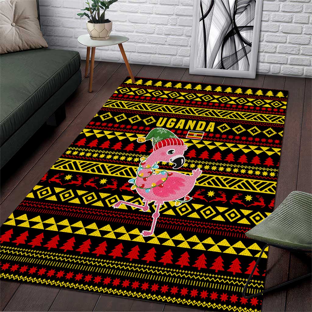 Uganda Christmas Area Rug with Flamingo Lights Uganda Flag and Black Red Yellow Tribal Pattern Design - Wonder Print Shop