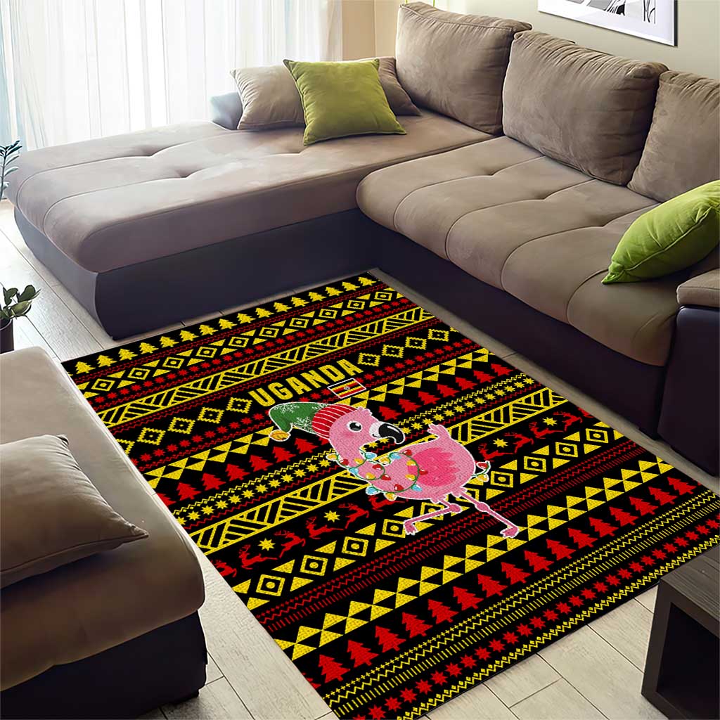 Uganda Christmas Area Rug with Flamingo Lights Uganda Flag and Black Red Yellow Tribal Pattern Design - Wonder Print Shop
