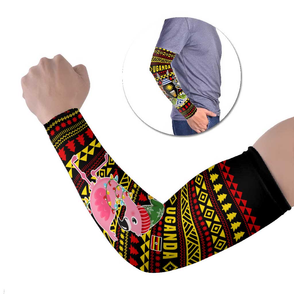 Uganda Christmas Arm Sleeves with Flamingo Lights Uganda Flag and Black Red Yellow Tribal Pattern Design - Wonder Print Shop