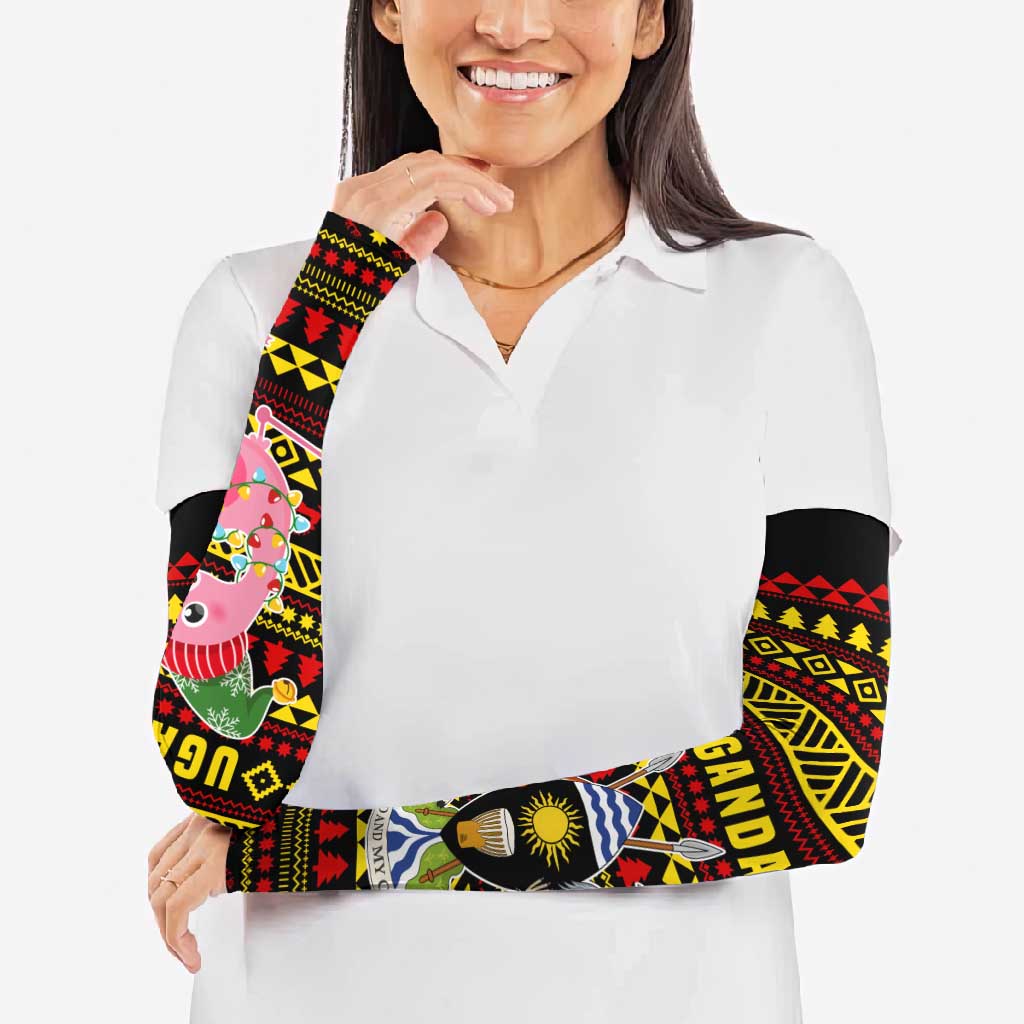 Uganda Christmas Arm Sleeves with Flamingo Lights Uganda Flag and Black Red Yellow Tribal Pattern Design - Wonder Print Shop
