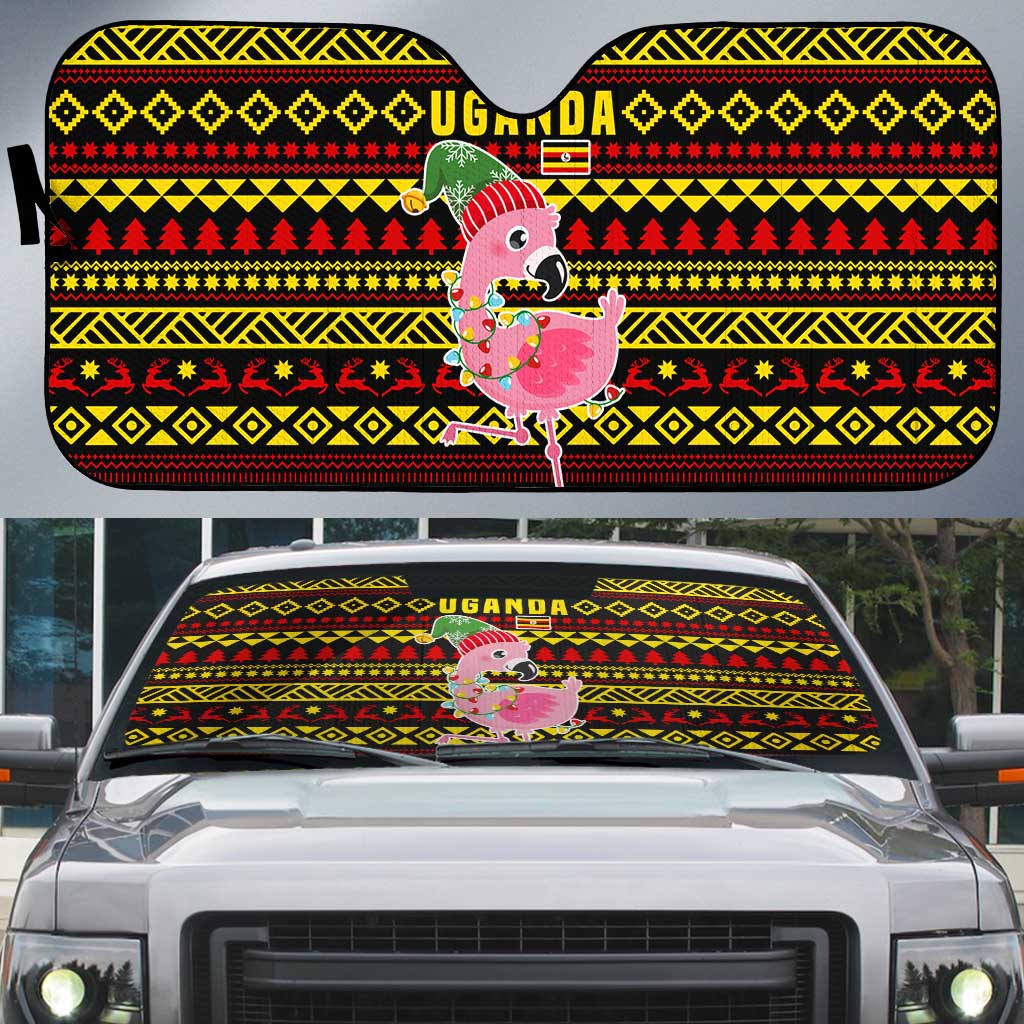 Uganda Christmas Auto Sun Shade with Flamingo Lights Uganda Flag and Black Red Yellow Tribal Pattern Design - Wonder Print Shop