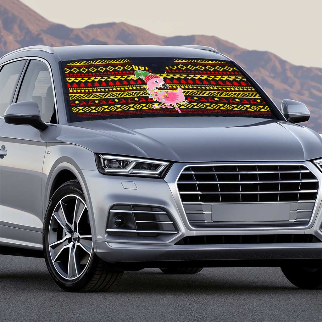 Uganda Christmas Auto Sun Shade with Flamingo Lights Uganda Flag and Black Red Yellow Tribal Pattern Design - Wonder Print Shop