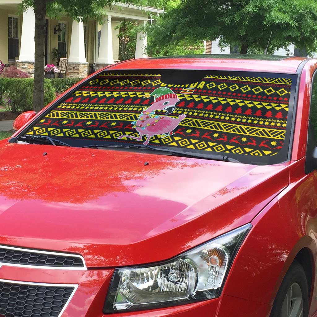 Uganda Christmas Auto Sun Shade with Flamingo Lights Uganda Flag and Black Red Yellow Tribal Pattern Design - Wonder Print Shop