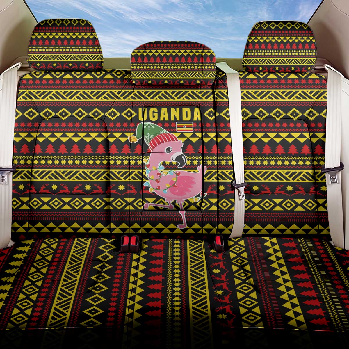 Uganda Christmas Back Car Seat Cover with Flamingo Lights Uganda Flag and Black Red Yellow Tribal Pattern Design - Wonder Print Shop
