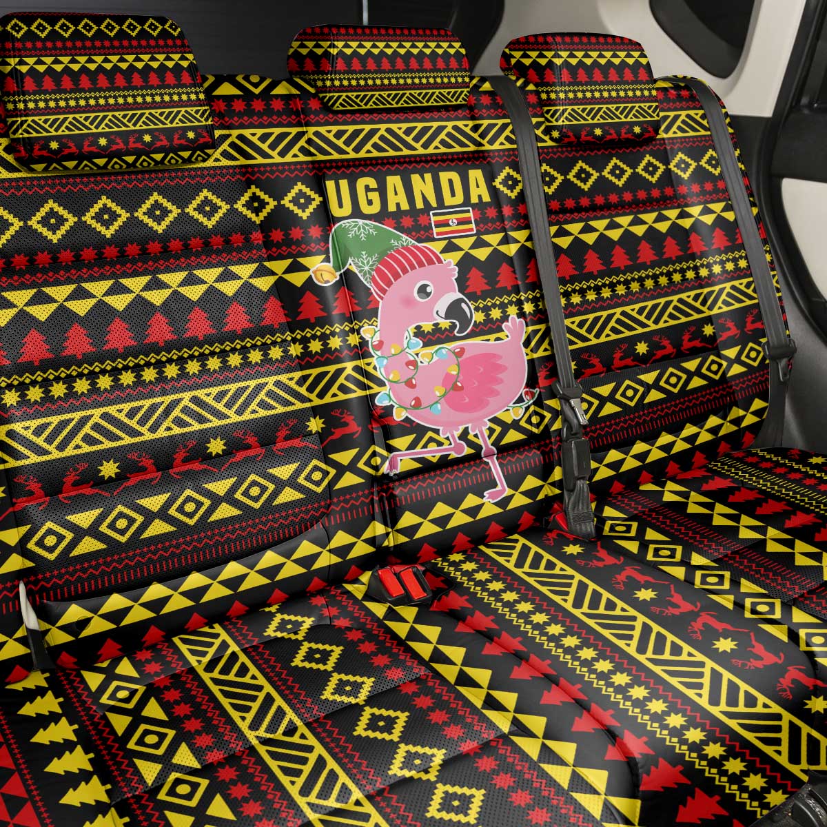 Uganda Christmas Back Car Seat Cover with Flamingo Lights Uganda Flag and Black Red Yellow Tribal Pattern Design - Wonder Print Shop