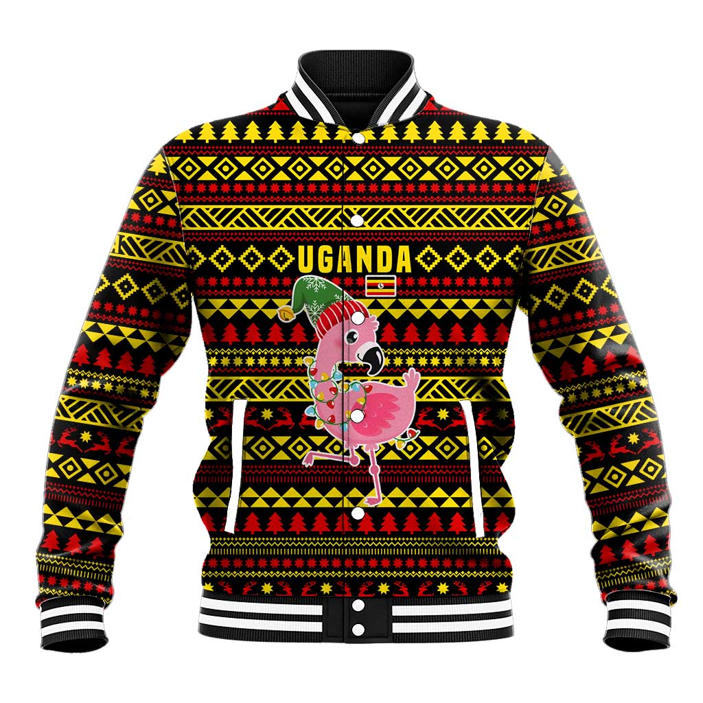 Uganda Christmas Baseball Jacket with Flamingo Lights Uganda Flag and Black Red Yellow Tribal Pattern Design - Wonder Print Shop