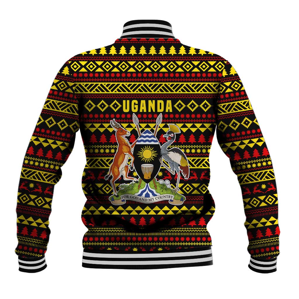 Uganda Christmas Baseball Jacket with Flamingo Lights Uganda Flag and Black Red Yellow Tribal Pattern Design - Wonder Print Shop
