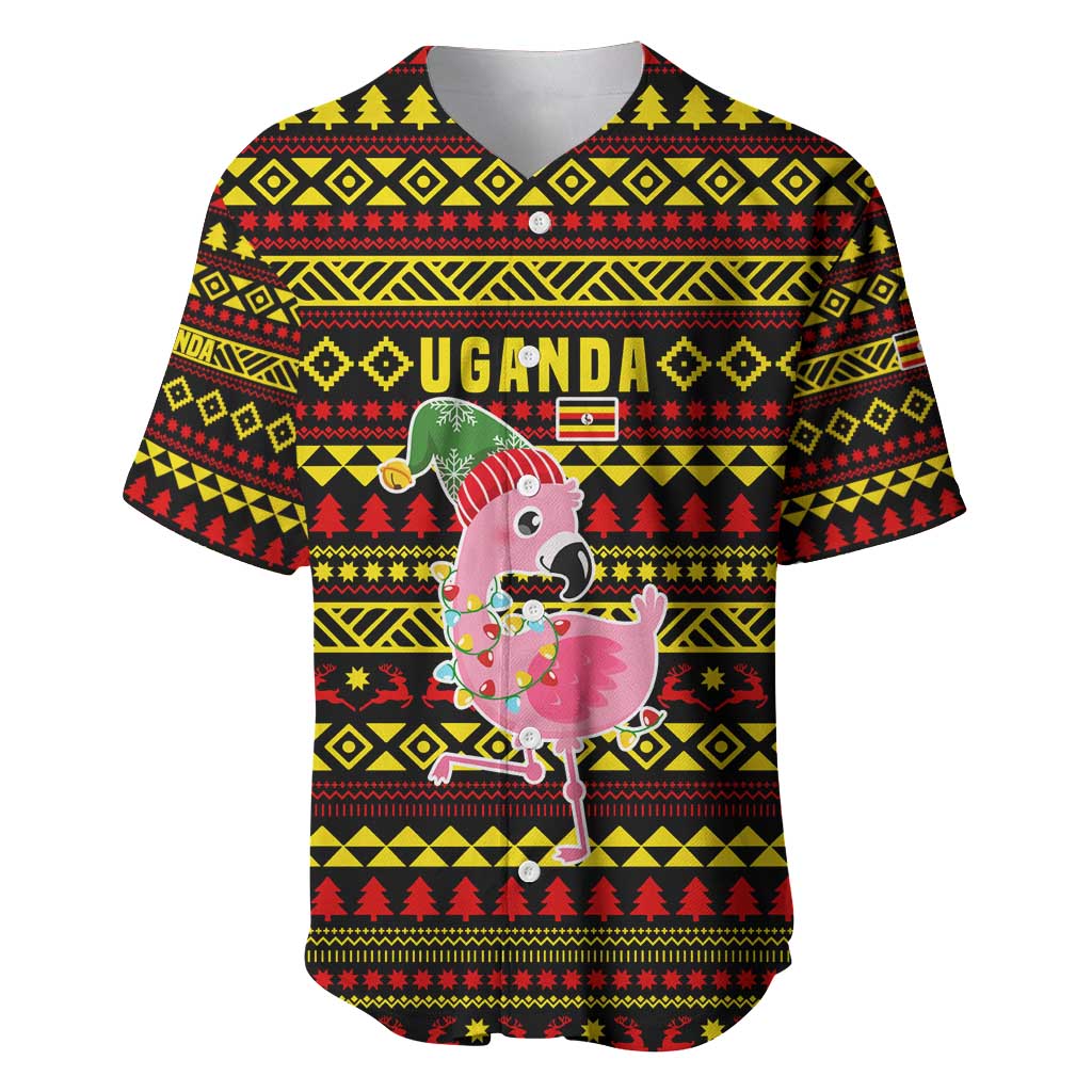 Uganda Christmas Baseball Jersey with Flamingo Lights Uganda Flag and Black Red Yellow Tribal Pattern Design - Wonder Print Shop
