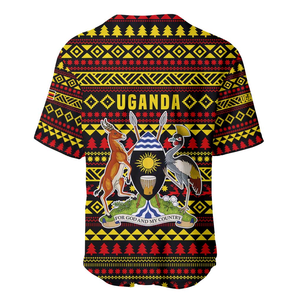 Uganda Christmas Baseball Jersey with Flamingo Lights Uganda Flag and Black Red Yellow Tribal Pattern Design - Wonder Print Shop