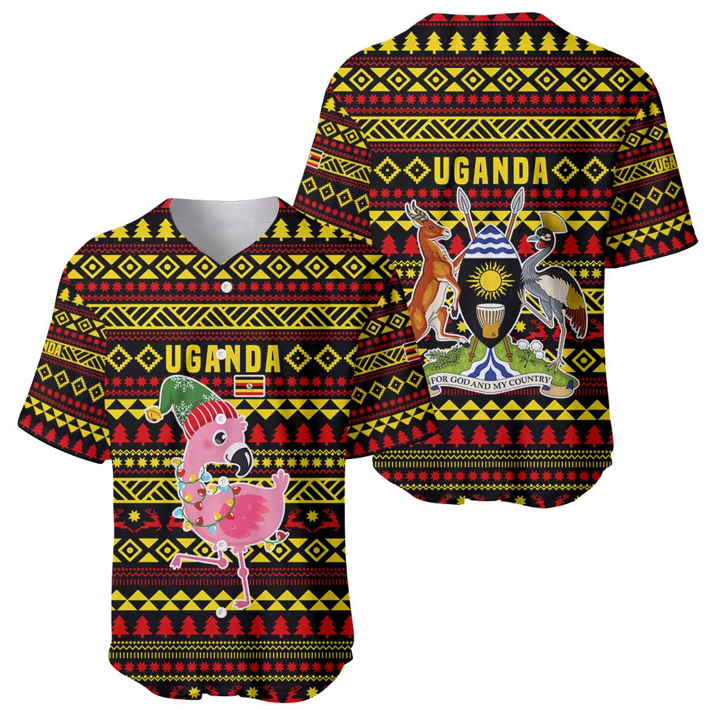 Uganda Christmas Baseball Jersey with Flamingo Lights Uganda Flag and Black Red Yellow Tribal Pattern Design - Wonder Print Shop