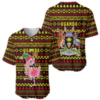 Uganda Christmas Baseball Jersey with Flamingo Lights Uganda Flag and Black Red Yellow Tribal Pattern Design - Wonder Print Shop