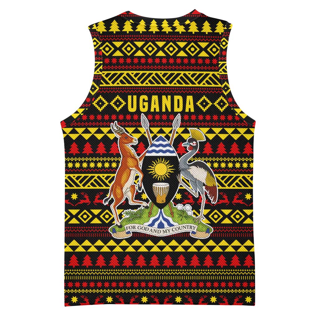 Uganda Christmas Basketball Jersey with Flamingo Lights Uganda Flag and Black Red Yellow Tribal Pattern Design - Wonder Print Shop